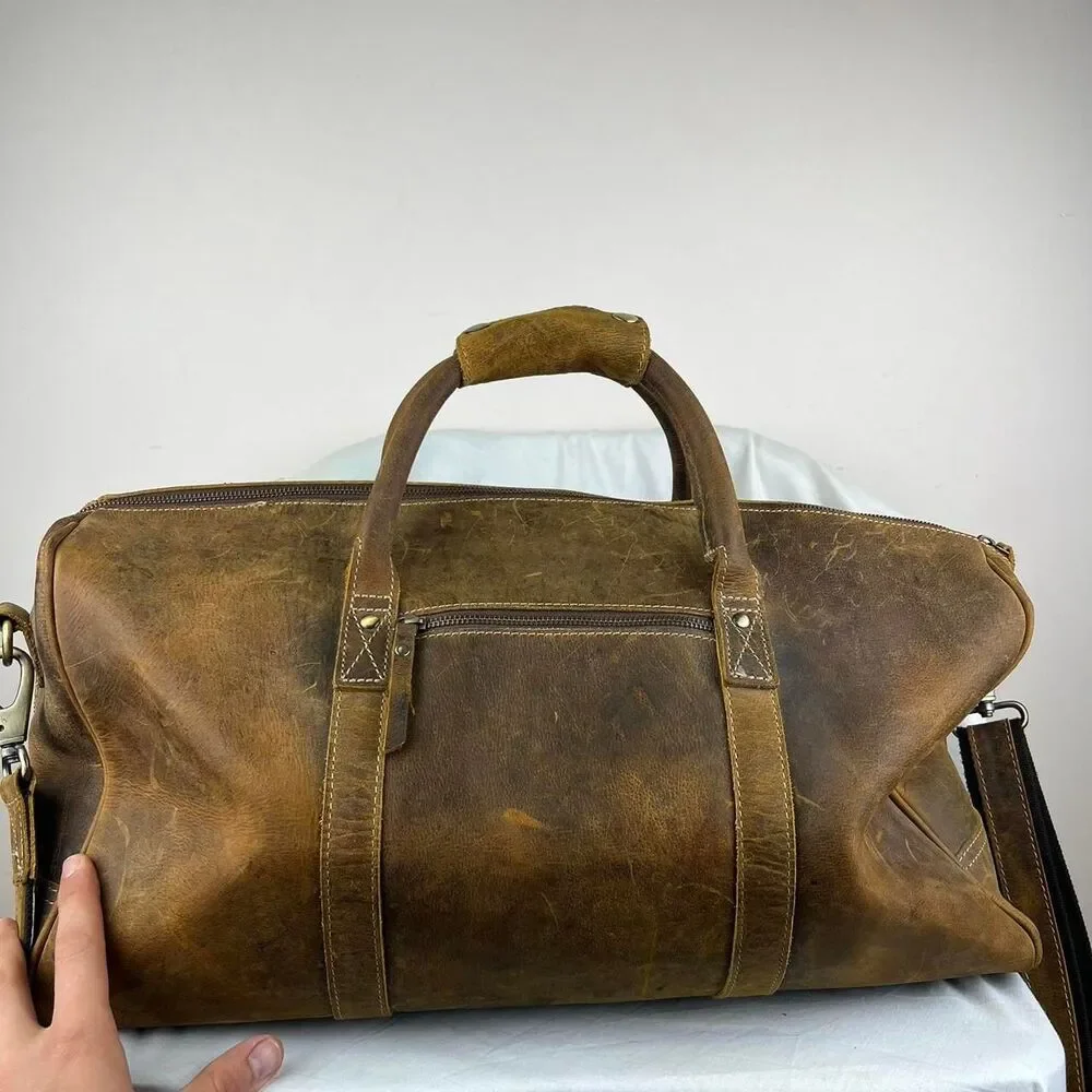 Komalc Leather Travel Bag Weekend Bag Duffle Bag Brown With Shoulder Strap